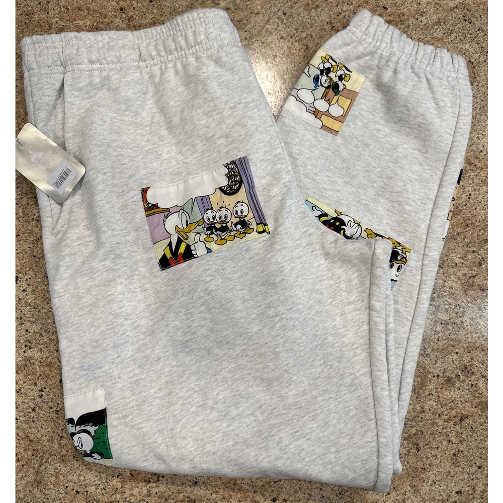 New Disney Donald & Nephew Cartoon Patches Gray Jogger Sweatpants Large Thick!